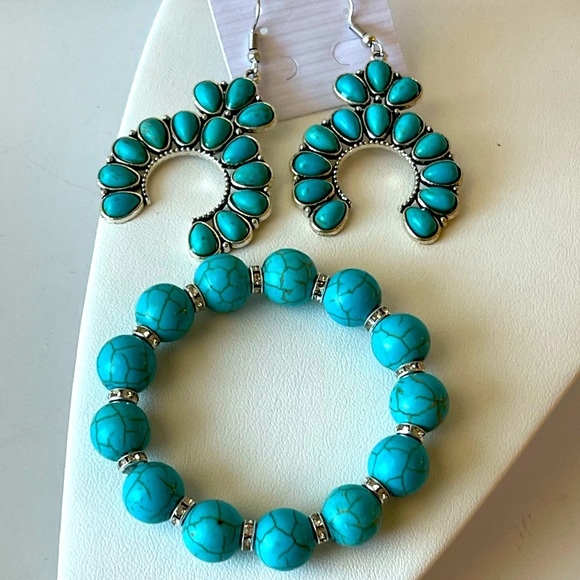 Turquoise Teal Blue Bracelet Earrings Dangle Drop Jewelry Set 2Pc - Picture 2 of 4
